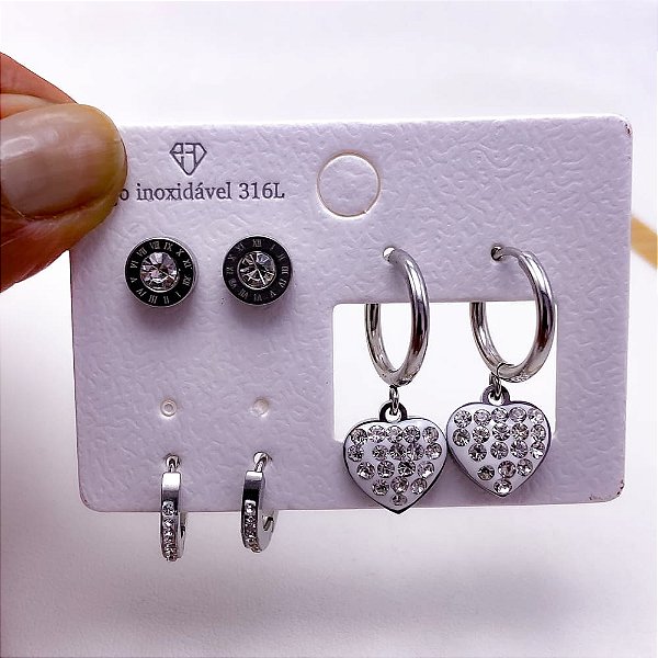 CARTELA BRINCO TRIO AÇO INOX ARGOLINHA CLICK CORAÇÃO STRASS - PRATEADO