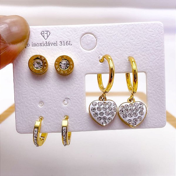 CARTELA BRINCO TRIO AÇO INOX ARGOLINHA CLICK CORAÇÃO STRASS - DOURADO