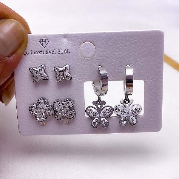 CARTELA BRINCO TRIO AÇO INOX ARGOLINHA CLICK BORBOLETA STRASS - PRATEADO