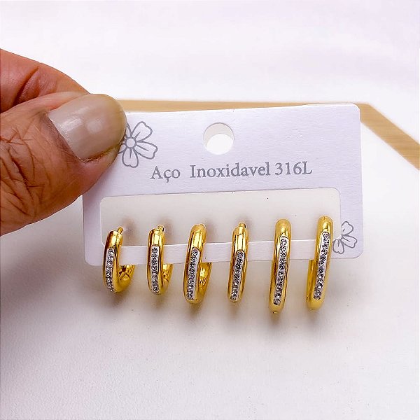 CARTELA BRINCO TRIO AÇO INOX ARGOLINHA CLICK  STRASS - DOURADO