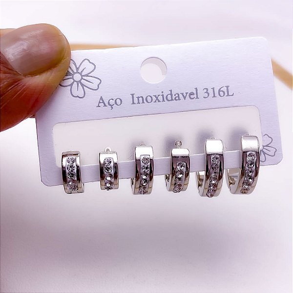 CARTELA BRINCO TRIO AÇO INOX ARGOLINHA CLICK  STRASS - PRATEADO