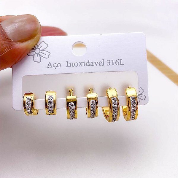 CARTELA BRINCO TRIO AÇO INOX ARGOLINHA CLICK  STRASS - DOURADO