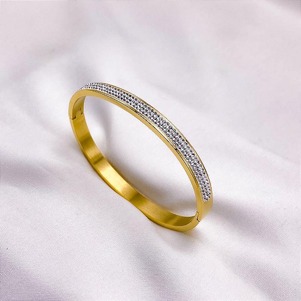 BRACELETE AÇO INOXIDÁVEL CRAVEJADO STRASS - DOURADO