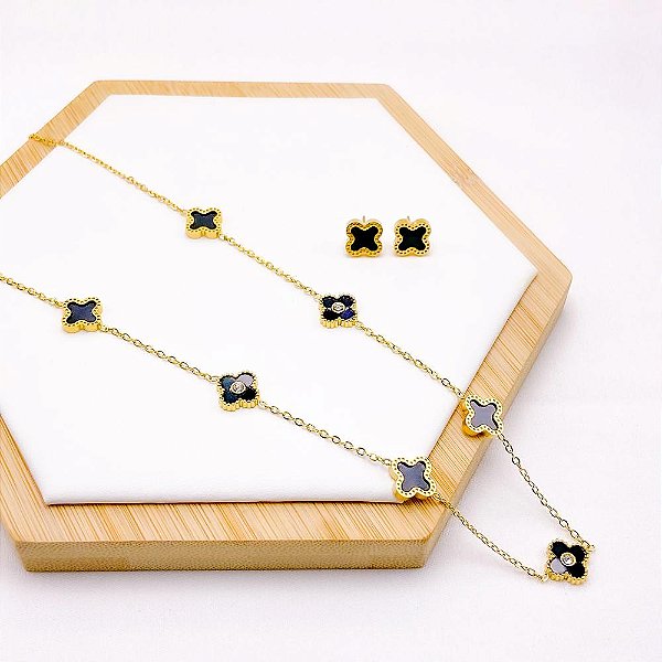CONJUNTO COLAR  E BRINCO AÇO INOXIDÁVEL TREVO PRETO COM PEDRA CRISTAL - DOURADO