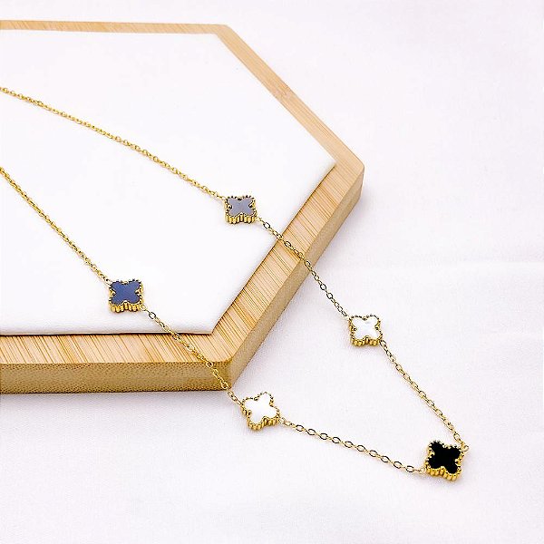 COLAR  AÇO INOXIDÁVEL 45CM TREVO PEROLADO E PRETO - DOURADO