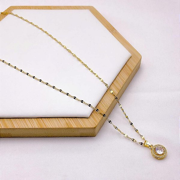 COLAR  AÇO INOXIDÁVEL 45CM PINGENTE REDONDO COM PEDRA CRISTAL BANHADO - DOURADO