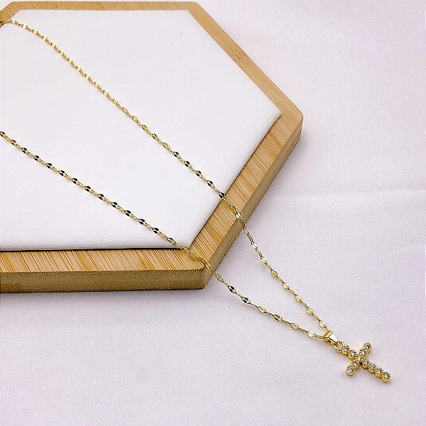CM503D - COLAR  AÇO INOXIDÁVEL 45CM PINGENTE CRUZ COM PEDRA CRISTAL BANHADO - DOURADO