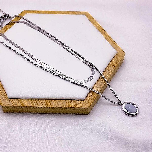 COLAR  AÇO INOXIDÁVEL 45CM DUPLO FITA E CORDÃO BAIANO COM PEDRA PEROLADA - PRATEADO