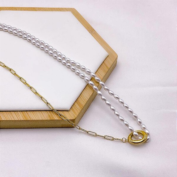 COLAR  AÇO INOXIDÁVEL 45CM CORRENTARIA COM PÉROLA - DOURADO