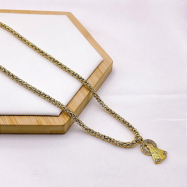 COLAR AÇO INOXIDÁVEL 45CM ELO PIPOCA PINGENTE NOSSA SENHORA - DOURADO