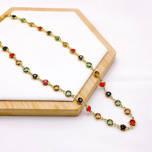 COLAR  AÇO INOXIDÁVEL 45CM PEDRAS COLORIDAS - DOURADO