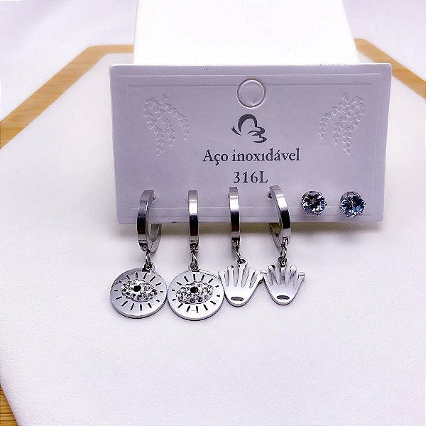 CARTELA TRIO BRINCO AÇO INOXIDÁVEL ARGOLINHA CLICK STRASS - PRATEADO