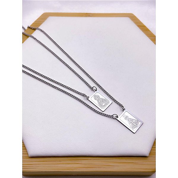 ESCAPULÁRIO AÇO INOX 50CM JESUS E NOSSA SENHORA - PRATEADO
