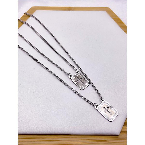 ESCAPULÁRIO AÇO INOX 50CM CRUZ - PRATEADO