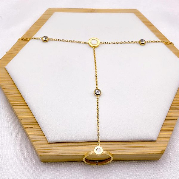 PULSEIRA AÇO INOXIDÁVEL COM ANEL AJUSTÁVEL ALGARISMOS ROMANOS PEROLADO - DOURADA