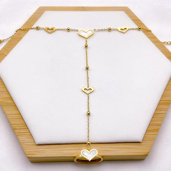PULSEIRA AÇO INOXIDÁVEL COM ANEL AJUSTÁVEL CORAÇÃO PEROLADO - DOURADA