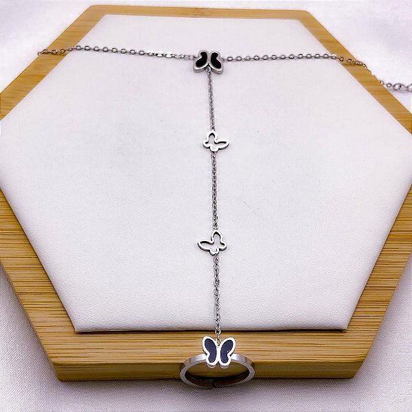 PULSEIRA AÇO INOXIDÁVEL COM ANEL AJUSTÁVEL BORBOLETA PRETA - PRATEADA