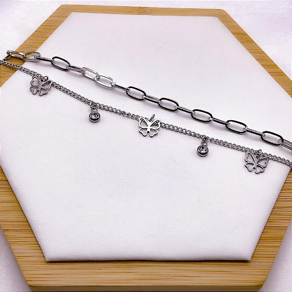 PULSEIRA AÇO INOXIDÁVEL DUPLA CORRENTARIA E BORBOLETA - PRATEADA