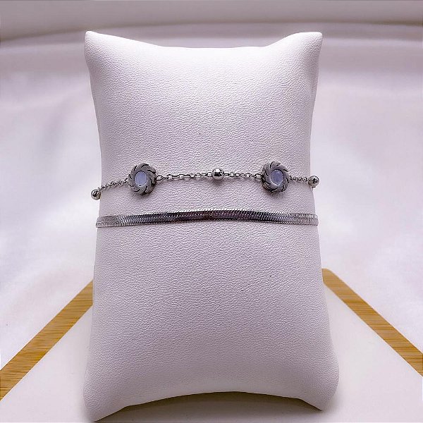 PULSEIRA AÇO INOXIDÁVEL DUPLA FITA E SOL PEROLADO - PRATEADA