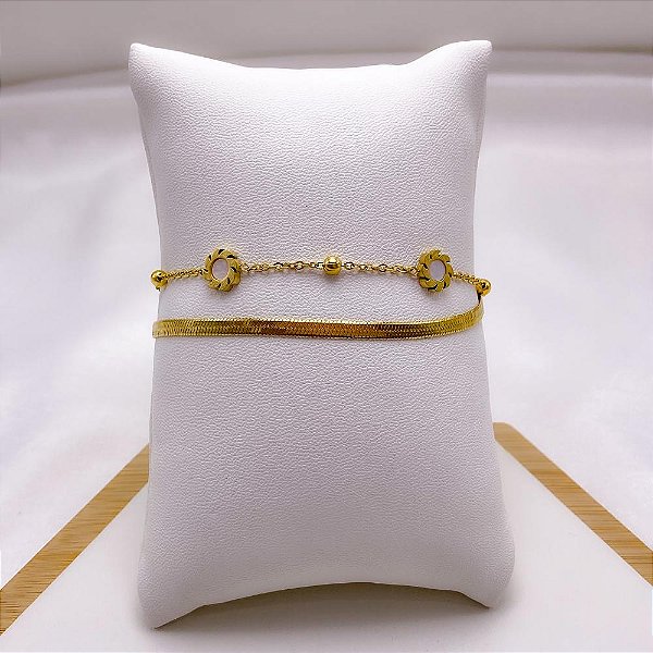 PULSEIRA AÇO INOXIDÁVEL DUPLA FITA E SOL PEROLADO - DOURADA