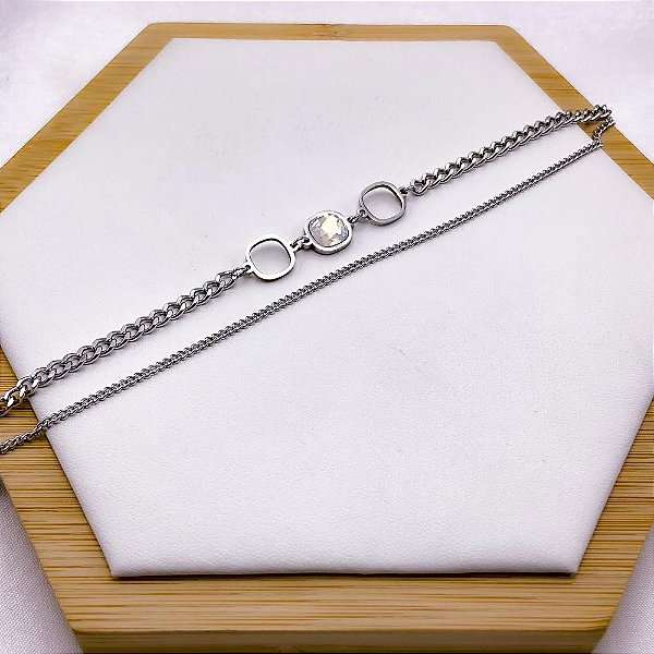 PULSEIRA AÇO INOXIDÁVEL DUPLA PEDRAS CRISTAL - PRATEADA