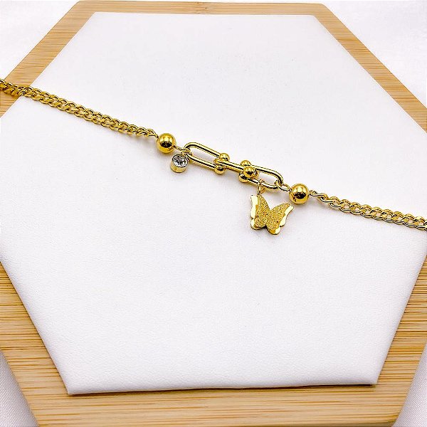 PULSEIRA AÇO INOXIDÁVEL BORBOLETA 3D DIAMANTADA - DOURADA