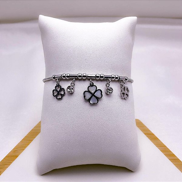 PULSEIRA AÇO INOXIDÁVEL TREVO PEROLADO - PRATEADA