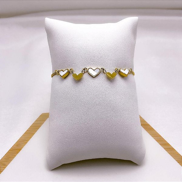PULSEIRA AÇO INOXIDÁVEL CORAÇÕES PEROLADO - DOURADA