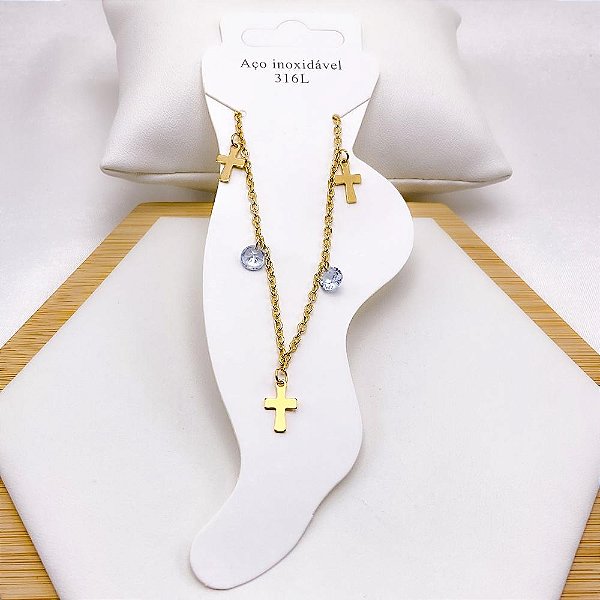 TORNOZELEIRA AÇO INOX CRUZ E PONTO DE LUZ - DOURADA