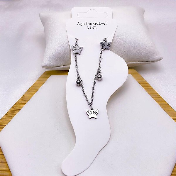 TORNOZELEIRA AÇO INOX BOLINHAS E BORBOLETA - PRATEADA