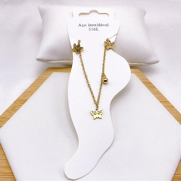 TORNOZELEIRA AÇO INOX BOLINHAS E BORBOLETA - DOURADA