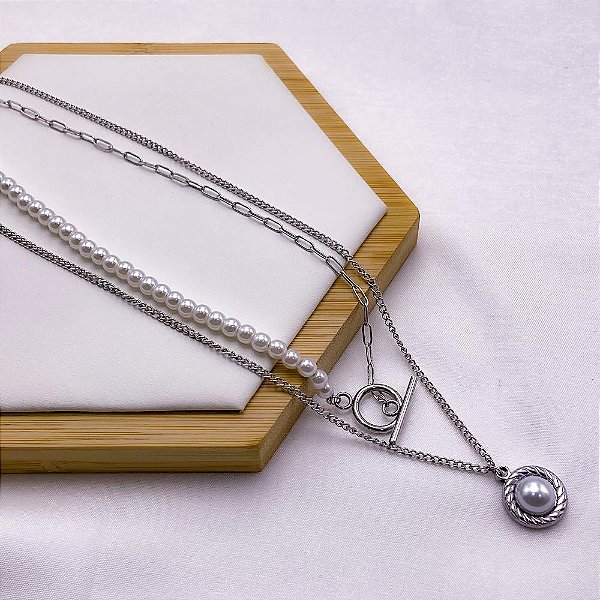 COLAR AÇO INOXIDÁVEL DUPLO 50CM  CORRENTARIA E PEROLAS - PRATEADO