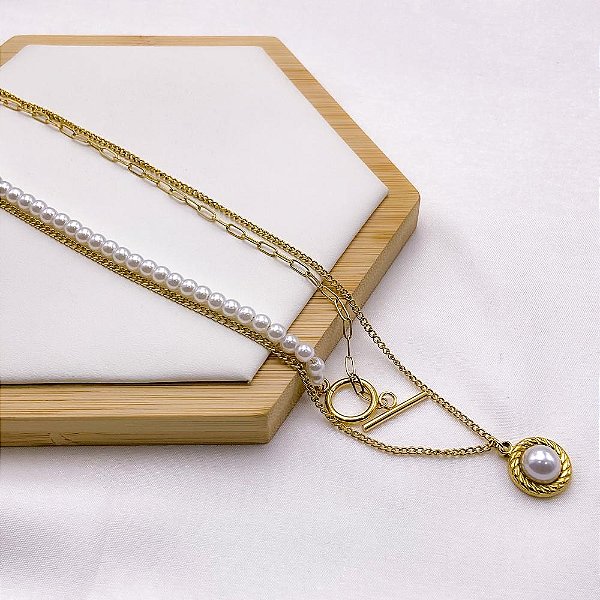 COLAR AÇO INOXIDÁVEL DUPLO 50CM  CORRENTARIA E PEROLAS - DOURADO