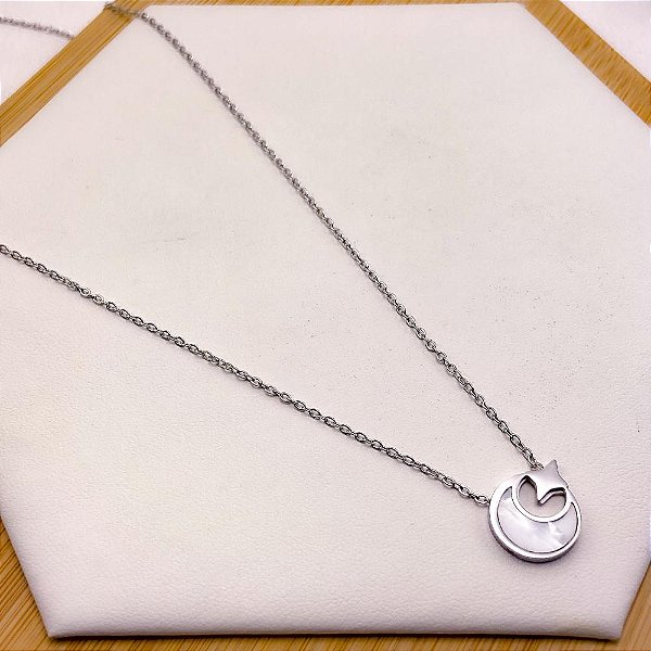 COLAR AÇO INOXIDÁVEL 45CM MEIA LUA PEROLADA - PRATEADO