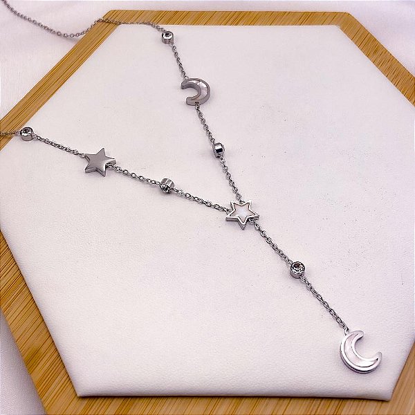 COLAR AÇO INOXIDÁVEL 45CM  MEIA LUA E ESTRELA PEROLADO - PRATEADO