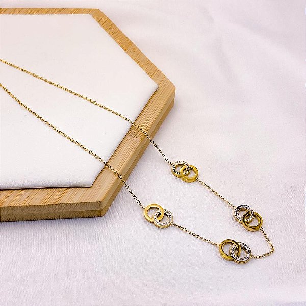 COLAR AÇO INOXIDÁVEL 45CM  CRAVEJADO STRASS - DOURADO