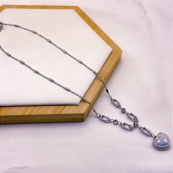 COLAR AÇO INOXIDÁVEL 45CM  PEDRA CRISTAL PINGENTE CORAÇÃO PEROLADO - PRATEADO