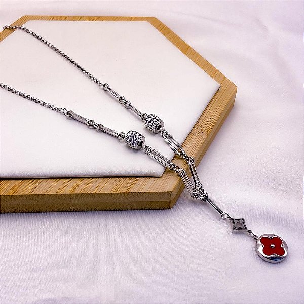 COLAR AÇO INOXIDÁVEL 45CM PEDRA CRISTALCORRENTARIA TREVO VERMELHO - PRATEADO