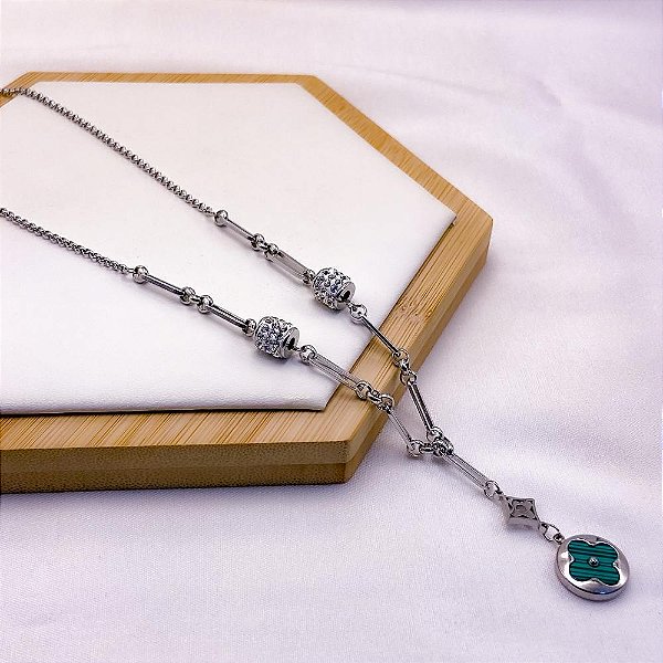 COLAR AÇO INOXIDÁVEL 45CM PEDRA CRISTALCORRENTARIA TREVO VERDE - PRATEADO