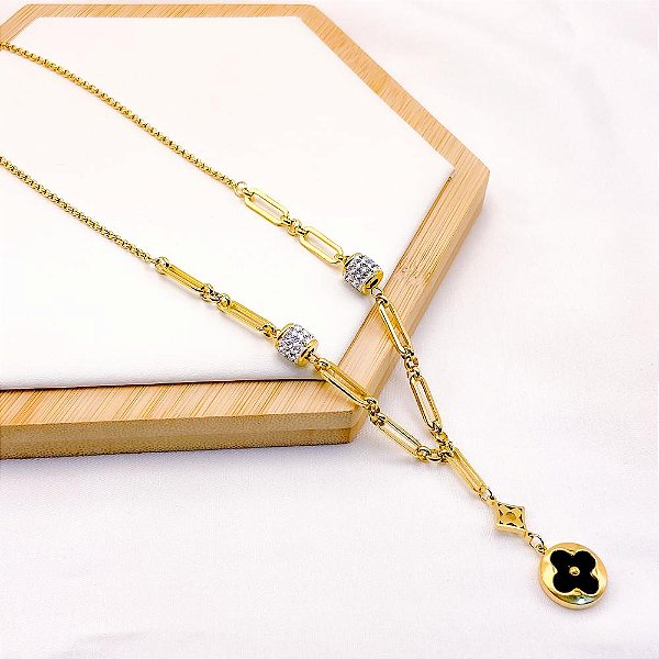 COLAR AÇO INOXIDÁVEL 45CM PEDRA CRISTALCORRENTARIA TREVO PRETO - DOURADO