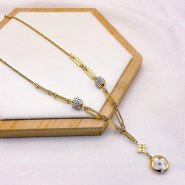 COLAR AÇO INOXIDÁVEL 45CM PEDRA CRISTALCORRENTARIA TREVO PEROLADO - DOURADO