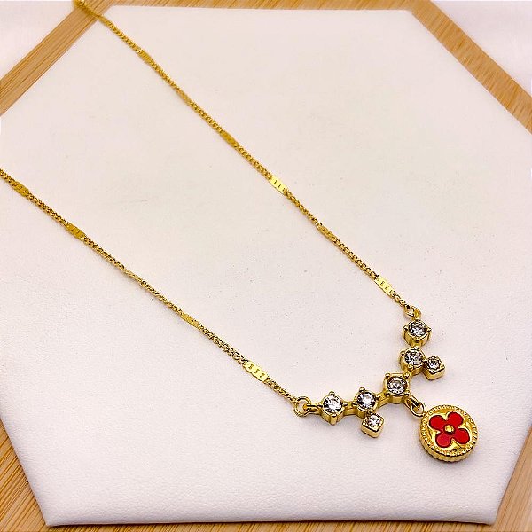 COLAR AÇO INOXIDÁVEL 45CM PEDRA CRISTAL TREVO VERMELHO - DOURADO