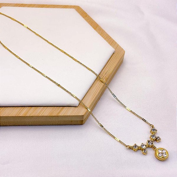 COLAR AÇO INOXIDÁVEL 45CM PEDRA CRISTAL TREVO BRANCO - DOURADO