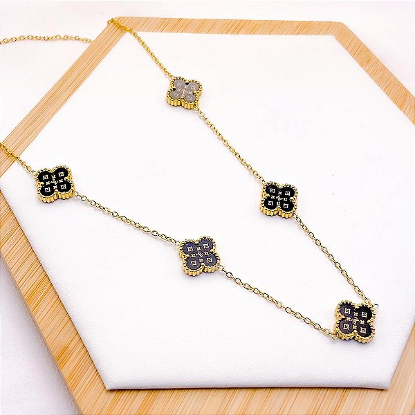 COLAR AÇO INOXIDÁVEL 45CM  TREVO PRETO - DOURADO