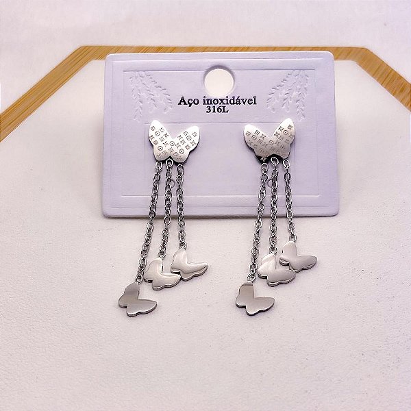 BRINCO AÇO INOXIDÁVEL BORBOLETA - PRATEADO