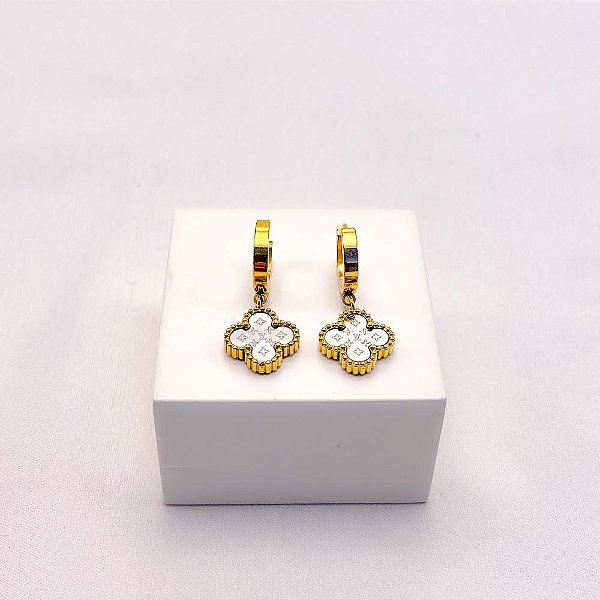 BRINCO AÇO INOXIDÁVEL ARGOLINHA CLICK TREVO ESPELHADO - DOURADO