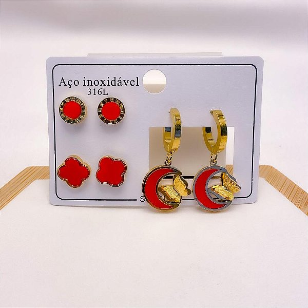 CARTELA TRIO BRINCO AÇO INOXIDÁVEL ARGOLINHA CLICK MEIA LUA VERMELHA E BORBOLETA 3D - DOURADO