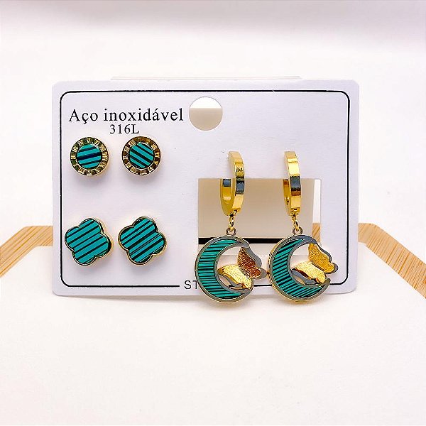 CARTELA TRIO BRINCO AÇO INOXIDÁVEL ARGOLINHA CLICK MEIA LUA VERDE E BORBOLETA 3D - DOURADO