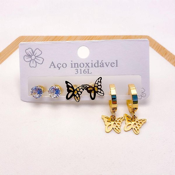 CARTELA TRIO BRINCO AÇO INOXIDÁVEL ARGOLINHA CLICK BORBOLETA - DOURADO