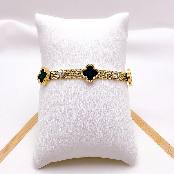 PULSEIRA AÇO INOXIDÁVEL PEDRA CRISTAL TREVO PRETO - DOURADA